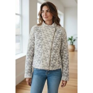 IRO Otavia Jacquard Textured, Quilted Beige Multi Raw Hem Jacket, Size 38